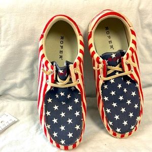 Roper slip on women’s size 10 red and white striped w/ white stars on blue back
